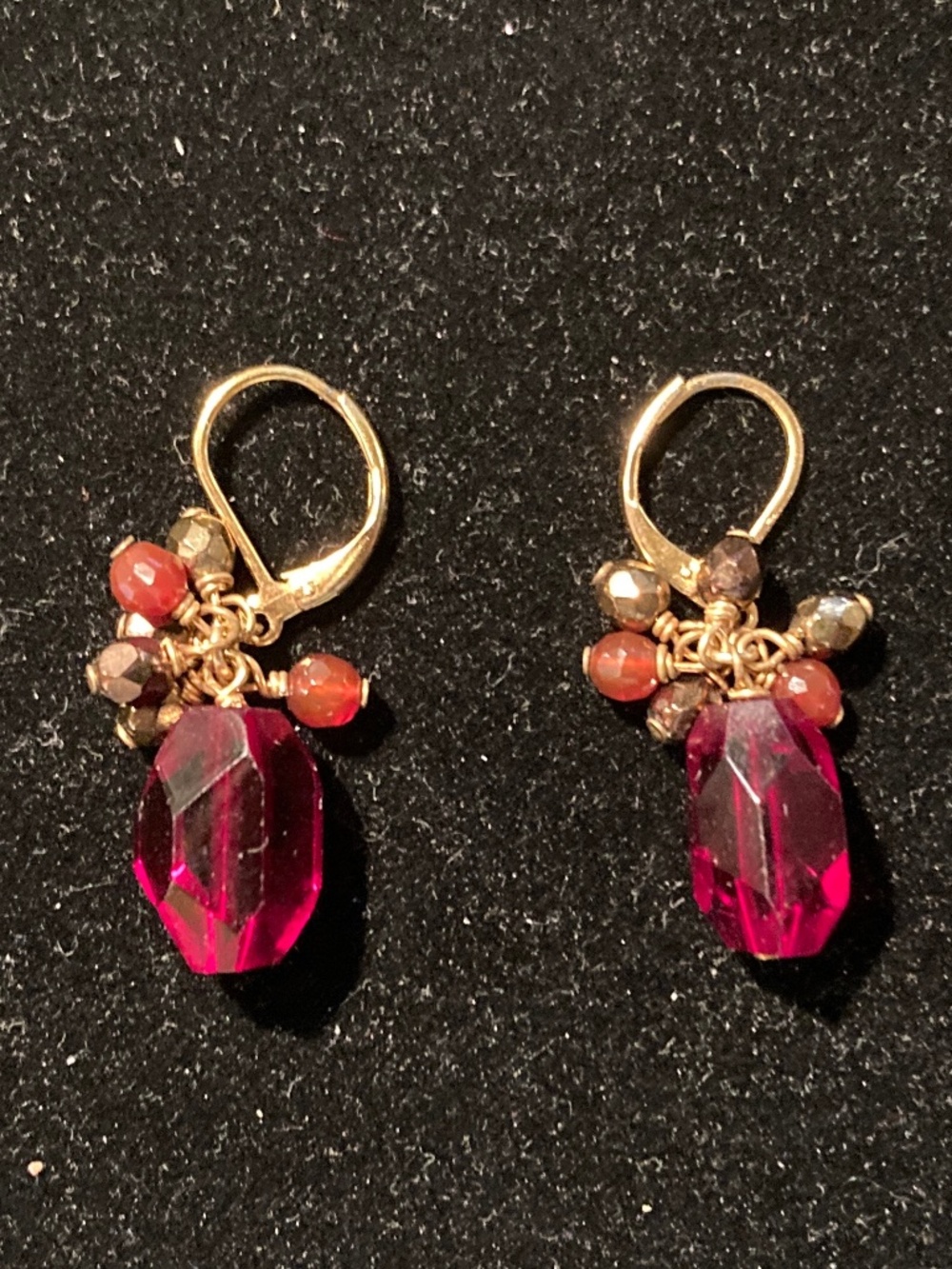 Yellow Gold Tone Lever Back Earrings/Large Faceted Red Bead/6 Small Bead Cluster
